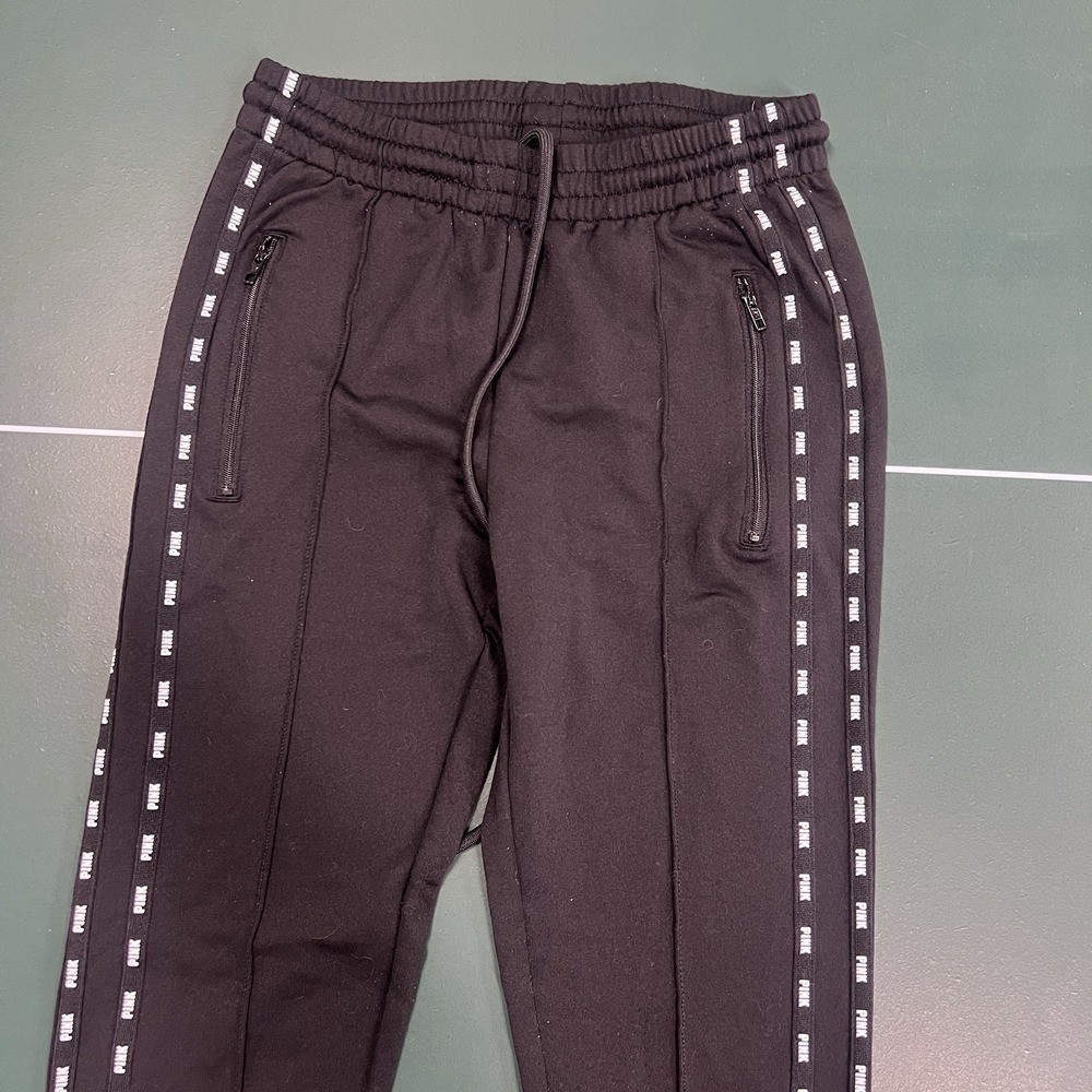 PINK Victoria's Secret XS Black Joggers w/Logo Stripe Zip Ankle Pockets Gym Run